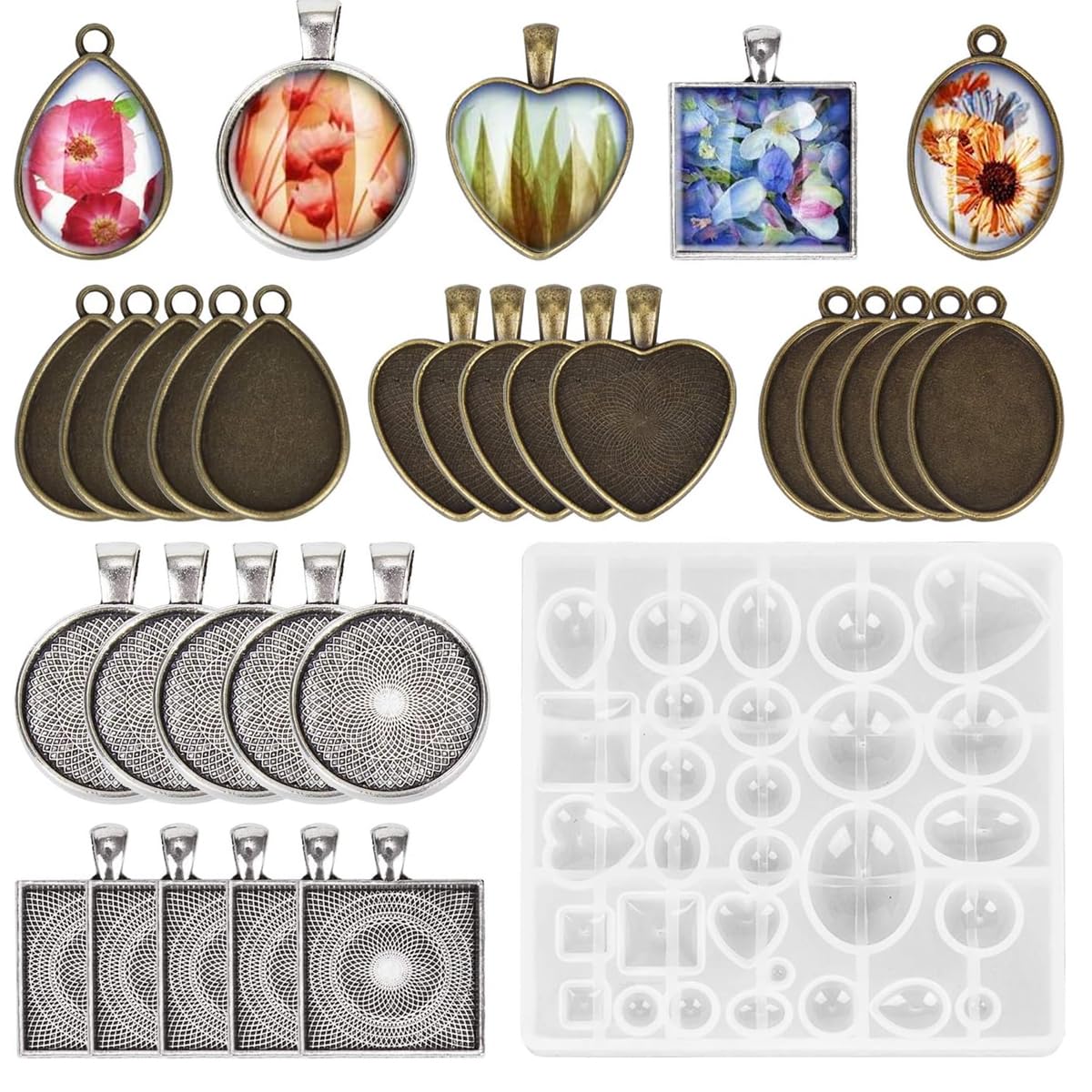 HASTHIP Resin Molds Set Pendant Trays DIY Jewelry Making Resin Molds Set, 30Pcs 5 Styles Metal Pendant and 1 Pc Silicone Epoxy Jewelry Casting Molds for Pendant Crafting DIY Jewelry Gift Making HASTHIP Resin Molds Set Pendant Trays DIY Jewelry Making Resin Molds Set, 30Pcs 5 Styles Metal Pendant and 1 Pc Silicone Epoxy Jewelry Casting Molds for Pendant Crafting DIY Jewelry Gift Making